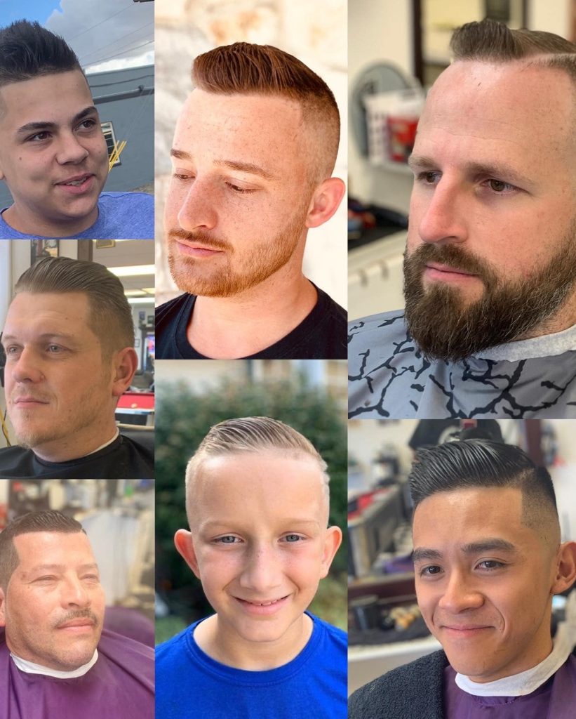 Collage of men's and boy's heads with drapes on showcasing hair cuts.
