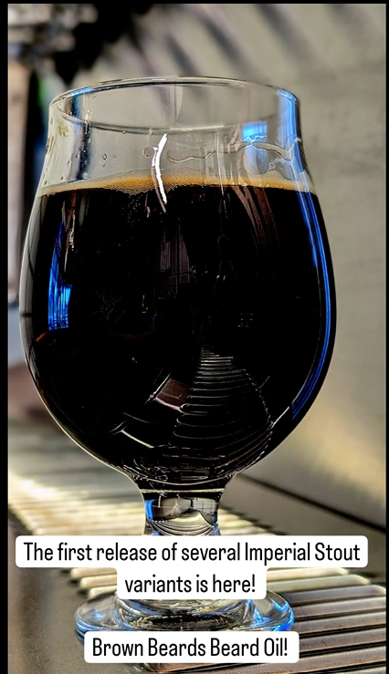 dark brown liquid in a tulip shaped glass, with words overlaying the photo
